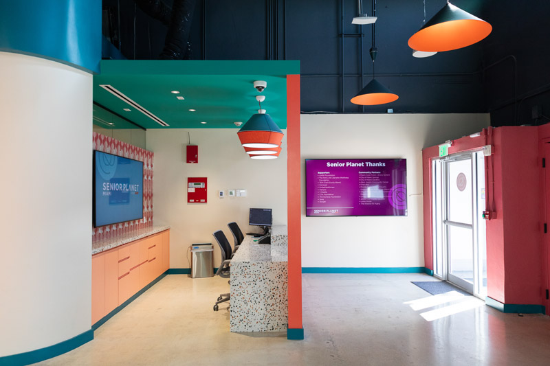 Art deco style interior of the Senior Planet Miami center in Wynwood