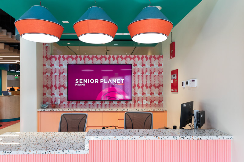Art deco style interior of the Senior Planet Miami center in Wynwood